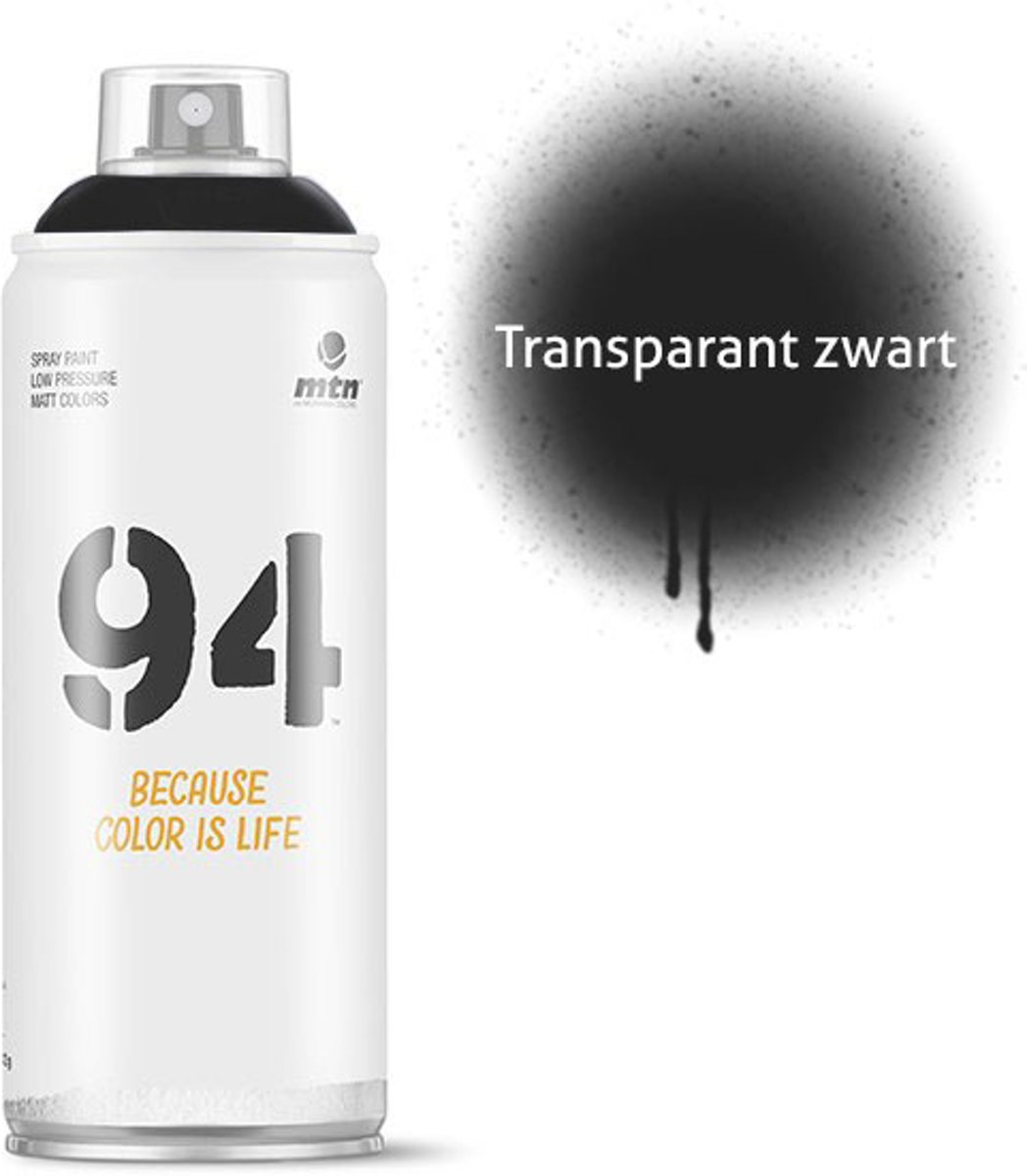 1x MTN94 spuitbus - 400ml spuitverf - Transparant zwart - Lage druk en matte afwerking - Spuitverf voor binnen en buiten gebruik voor vele doeleinden, zoals klussen, graffiti, hobby en kunst