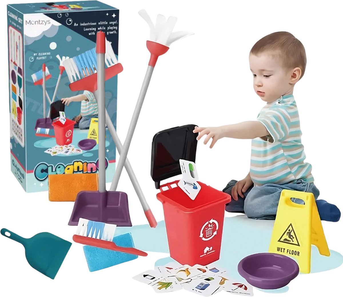  ® Kinder Schoonmaak Set - 10-delige Schoonmaakset - Montessori Speelgoed - Schoonmaaktrolley Kinderen