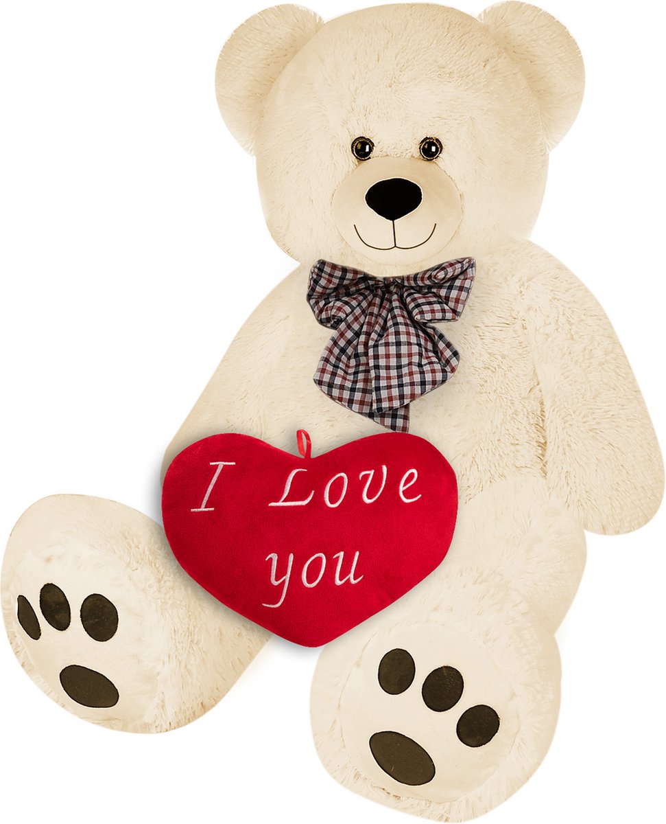 Monzana Knuffelbeer met Hart – XL 100cm Beige – 26cm I Love You