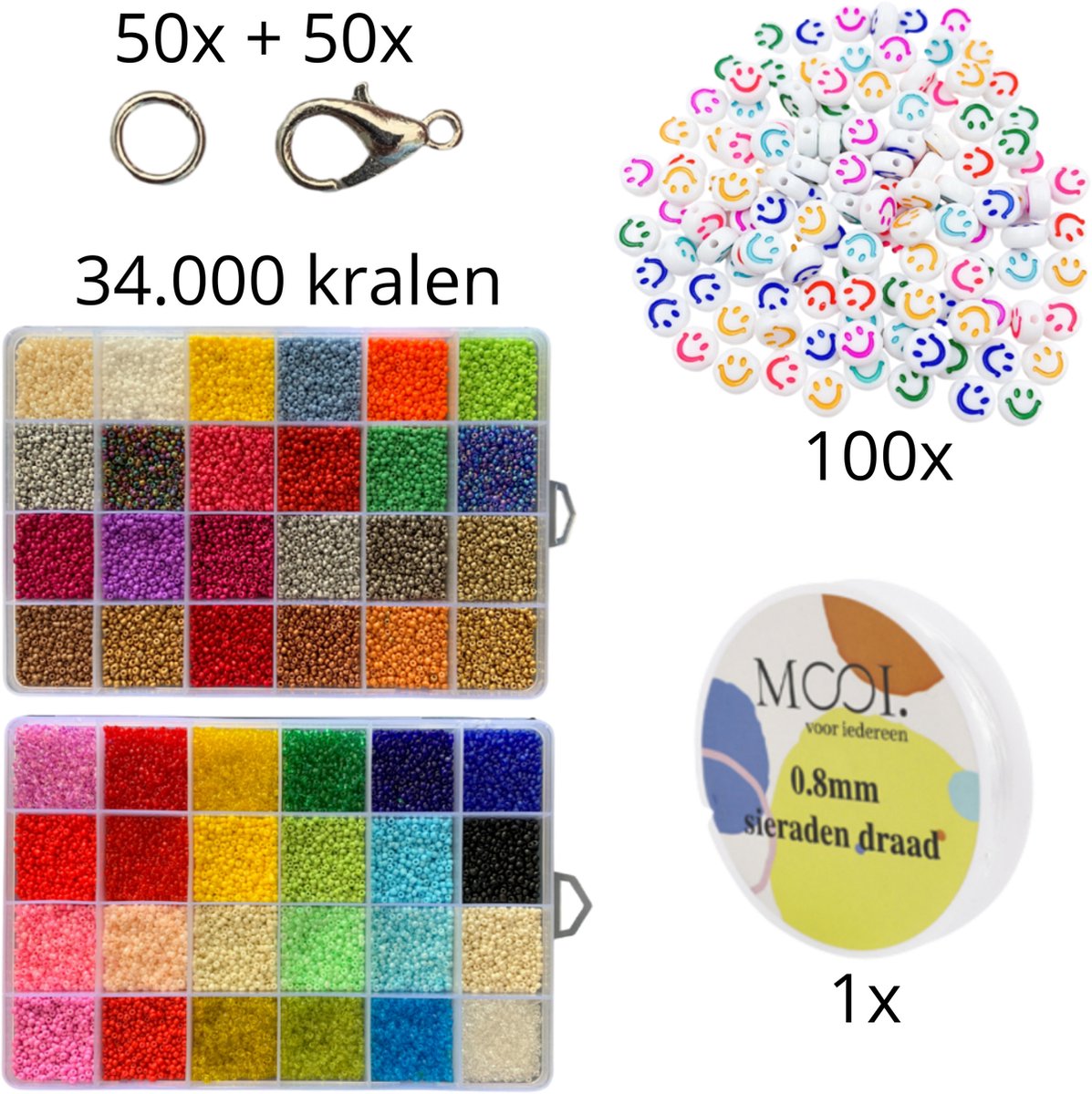 Grote Kralenset - 34.100 kralen 2mm in 48 kleuren - 100x Smiley Kralen - Kralen Set DIY - Schoencadeau - Sinterklaas - Kerst - Cadeau