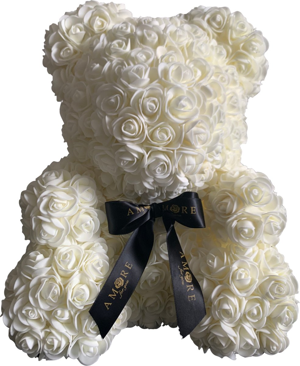 Rozen Beer Wit 40 cm - Rozen Teddybeer - Rose Bear - Rozenbeer - Knuffelbeer - Cadeau Vrouw - Liefdes Cadeau