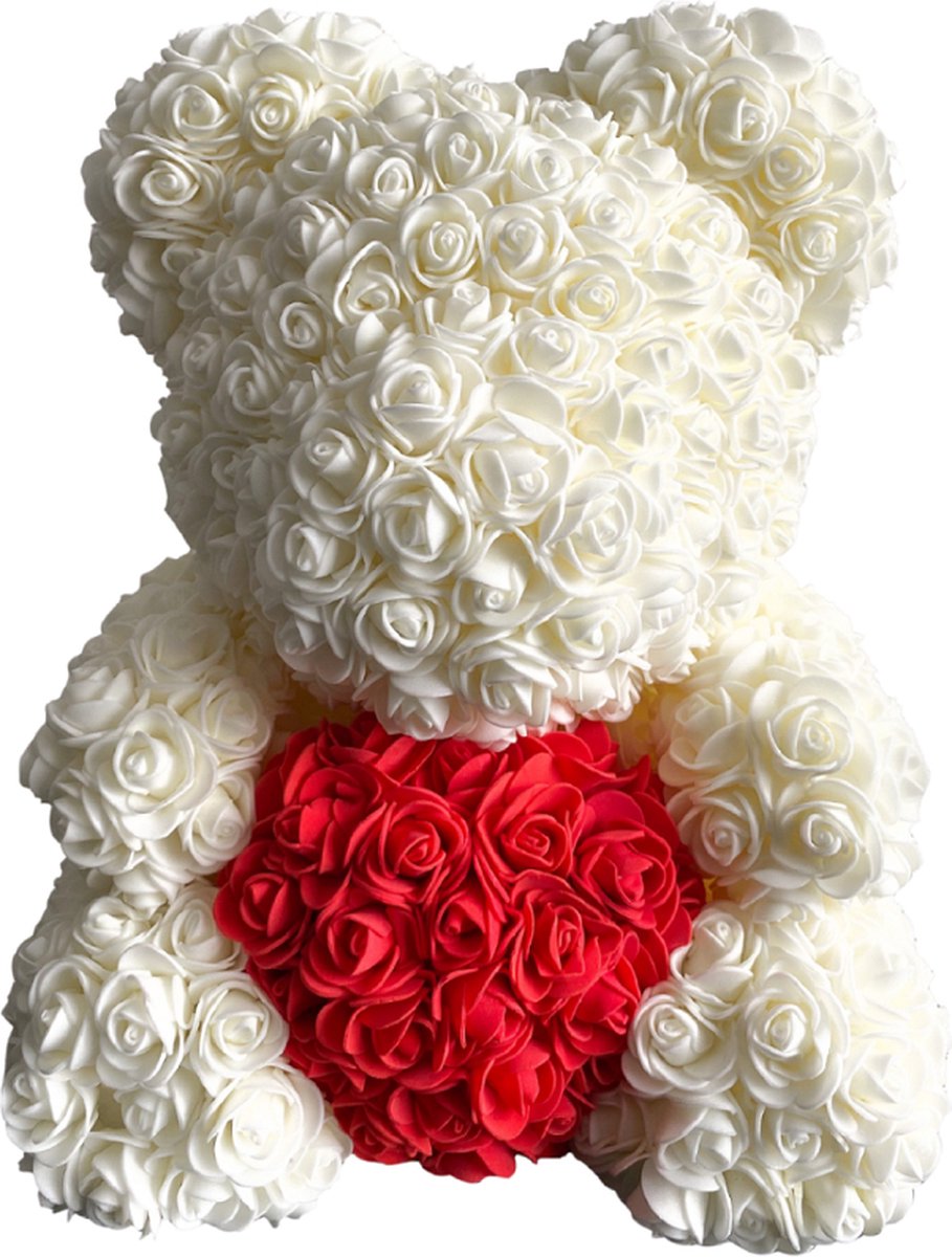 Rozen Beer Wit 40 cm Met Hartje - Rozen Teddybeer - Rose Bear - Rozenbeer - Knuffelbeer - Cadeau Vrouw - Liefdes Cadeau