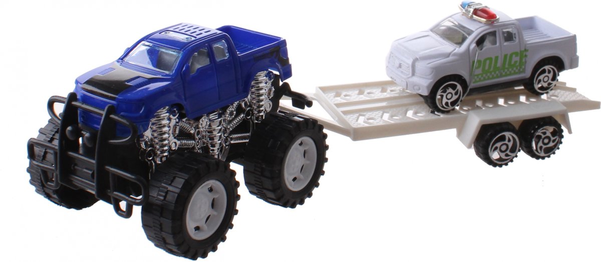 Jonotoys Monstertruck Met Aanhanger En Auto 22 Cm Blauw/wit