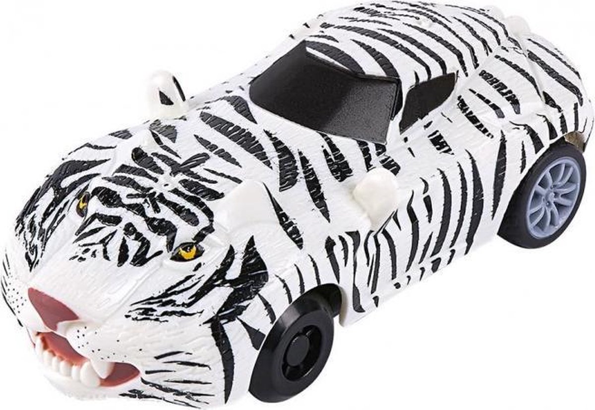 auto dierenprint Tijger pull-back 8,5 cm wit/zwart