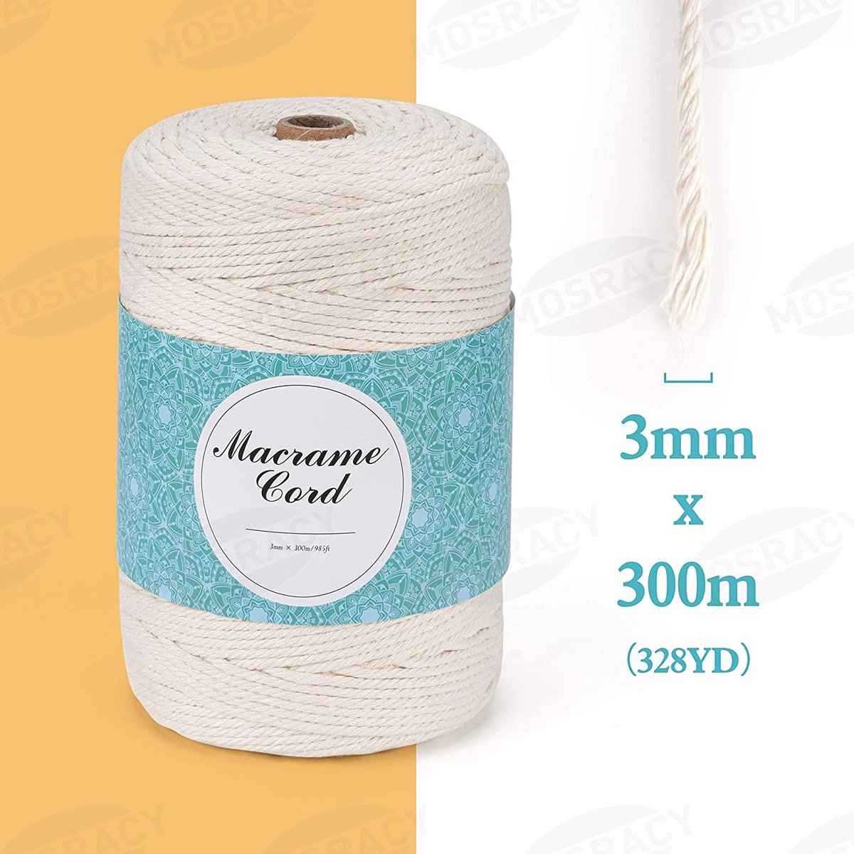 MOSRACY  Macrame-garen - 3 mm x 300 m - Katoengaren - Natuurlijk katoenen koord - doe-het-zelf - ambachten - weefdecoratie (beige)