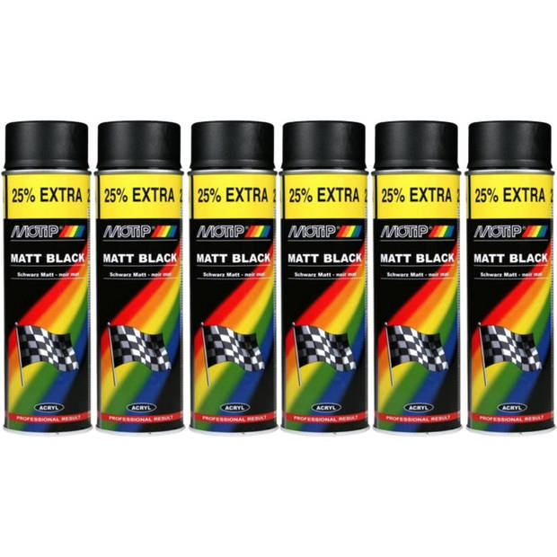 Motip acryllak mat zwart - 6 spuitbussen - sneldrogend - voor hout, metaal, glas & kunststof - 6 x 500 ml