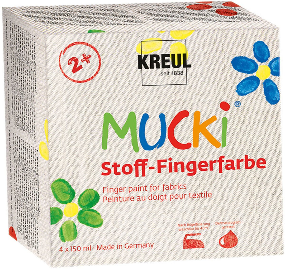 Mucki textiel vingerverf - 4 x 150 ml vingerverf voor textiel - kleuren geel, rood, blauw & groen