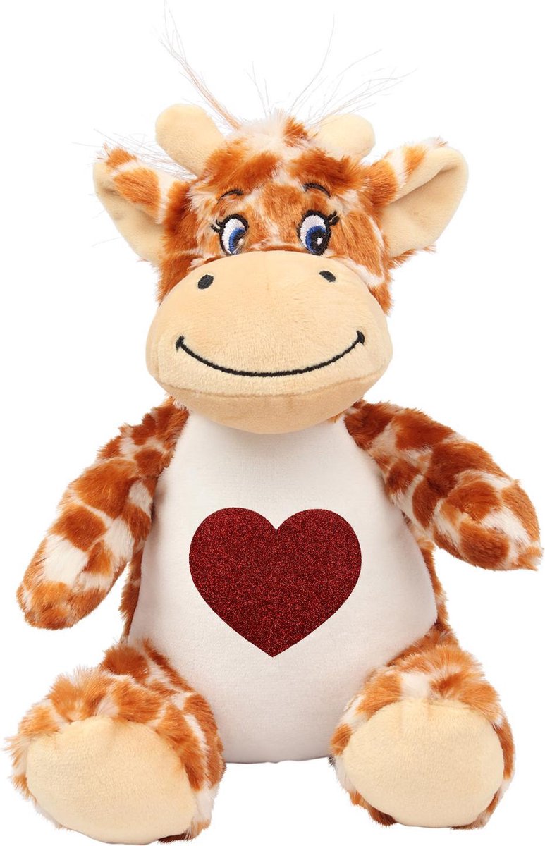 Knuffel giraffe - giraf Knuffel zacht - 26 CM - Inclusief Rood glitter hart bedrukking - Slaapkamer dierentuin speelgoed Pluche - Verjaardag kinder safari jungle cadeau decoratie - baby knuffels babyshower geboorte versiering