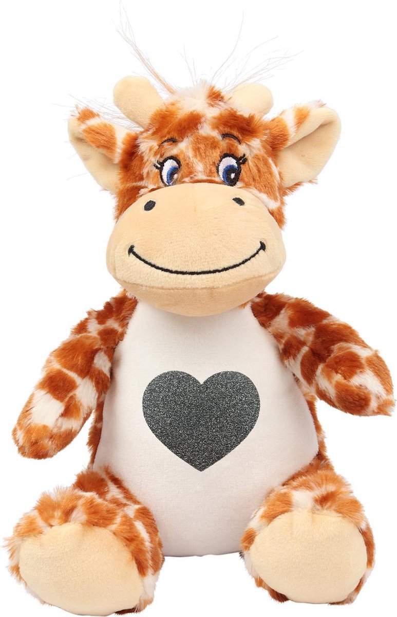 Knuffel giraffe - giraf Knuffel zacht - 26 CM - Inclusief Zilver glitter hart bedrukking - Slaapkamer dierentuin speelgoed Pluche - Verjaardag kinder safari jungle cadeau decoratie - baby knuffels babyshower geboorte versiering