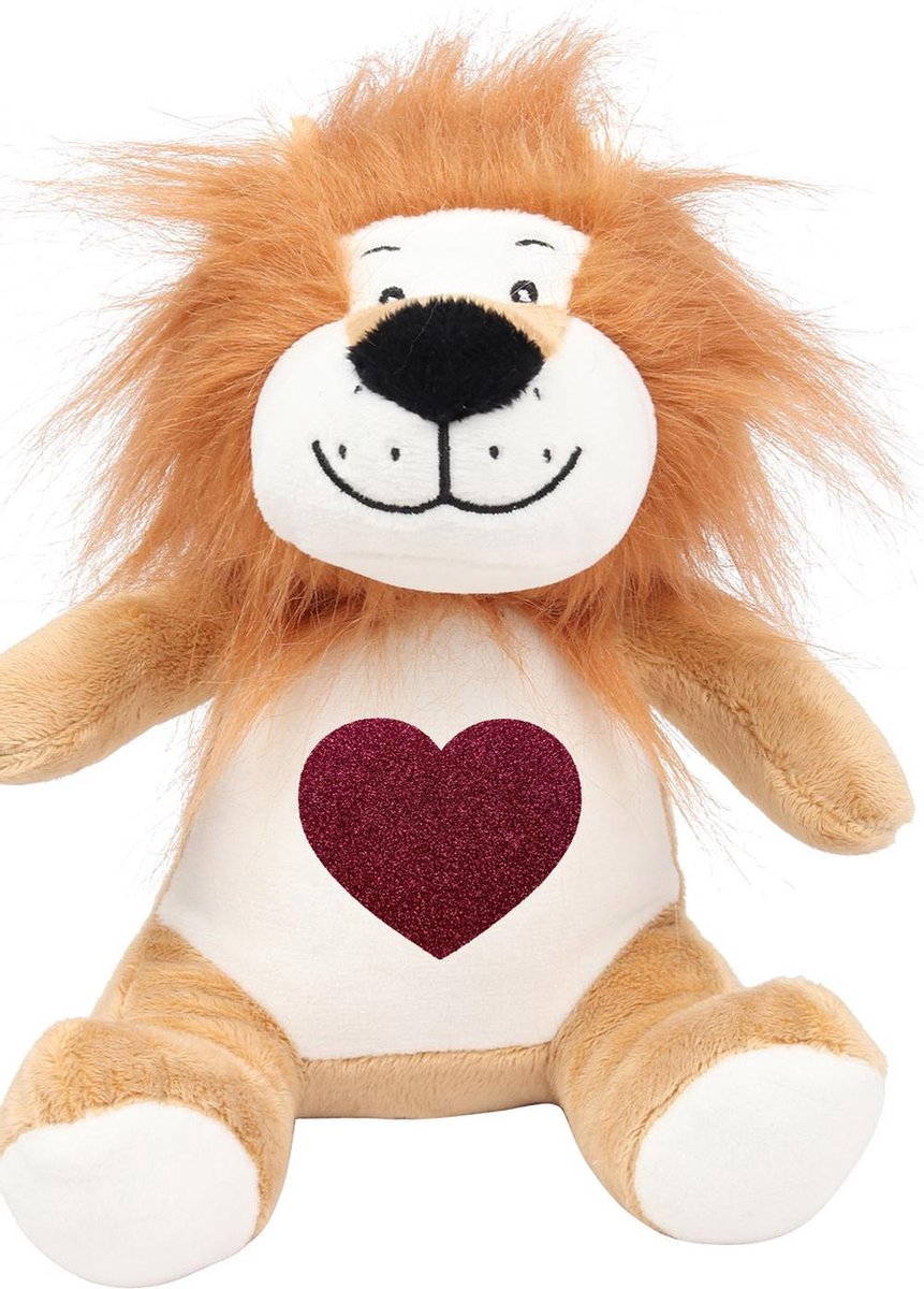 Knuffel leeuw - leeuwen Knuffel zacht - 26 CM - Inclusief Fuchsia glitter hart bedrukking - Slaapkamer dierentuin speelgoed Pluche - Verjaardag kinder safari jungle cadeau decoratie - baby knuffels babyshower geboorte versiering