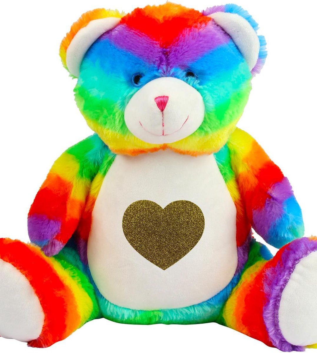 Knuffelbeer regenboog - Knuffel teddybeer - 42 CM - Inclusief Goud glitter hart bedrukking - Speelgoed Pluche Beer - Verjaardag kinder cadeau decoratie - baby knuffels babyshower geboorte versiering