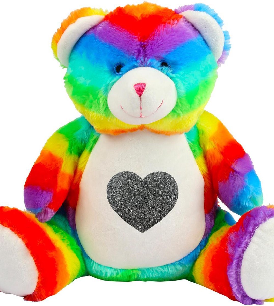 Knuffelbeer regenboog - Knuffel teddybeer - 42 CM - Inclusief Zilver glitter hart bedrukking - Speelgoed Pluche Beer - Verjaardag kinder cadeau decoratie - baby knuffels babyshower geboorte versiering