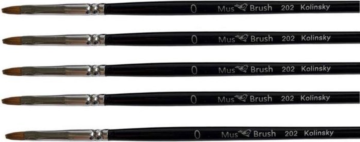 MusBrush Serie 202 - 5x Nr 0 - Plat - Kolinsky - Penselenset