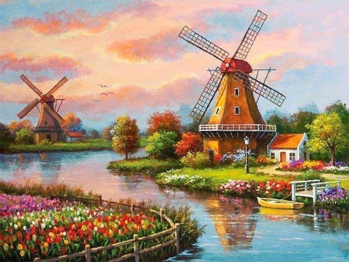 Windmolen - diamond painting - vierkante steentjes - 30x40cm - 5D - compleet set - ontspannen - kinderen - volwassenen - natuur