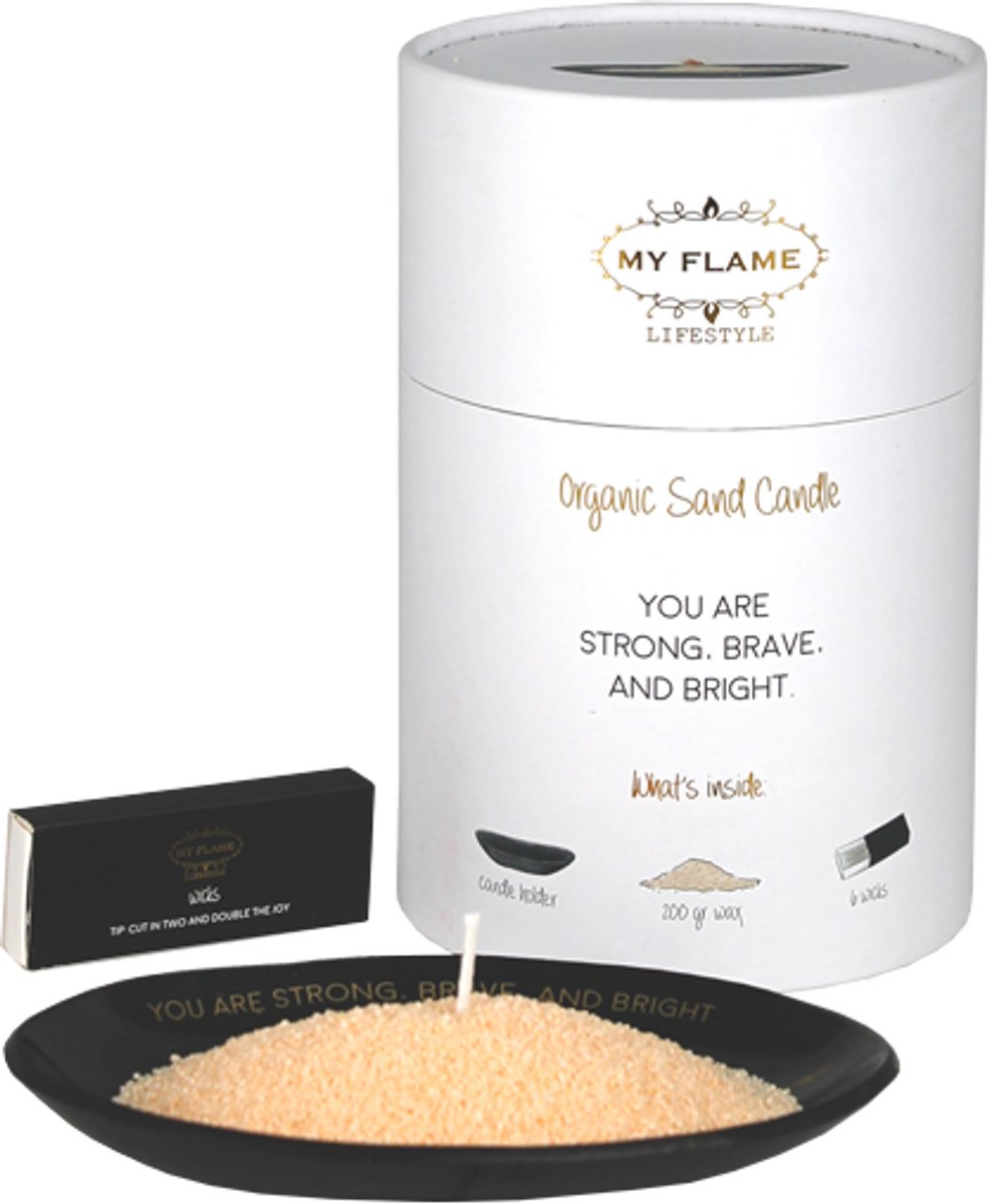 MY FLAME - Kaarsenzand giftbox - YOU ARE STRONG, BRAVE, AND BRIGHT - inclusief schaaltje met quote, 200g wax en 6 lonten - Zwart