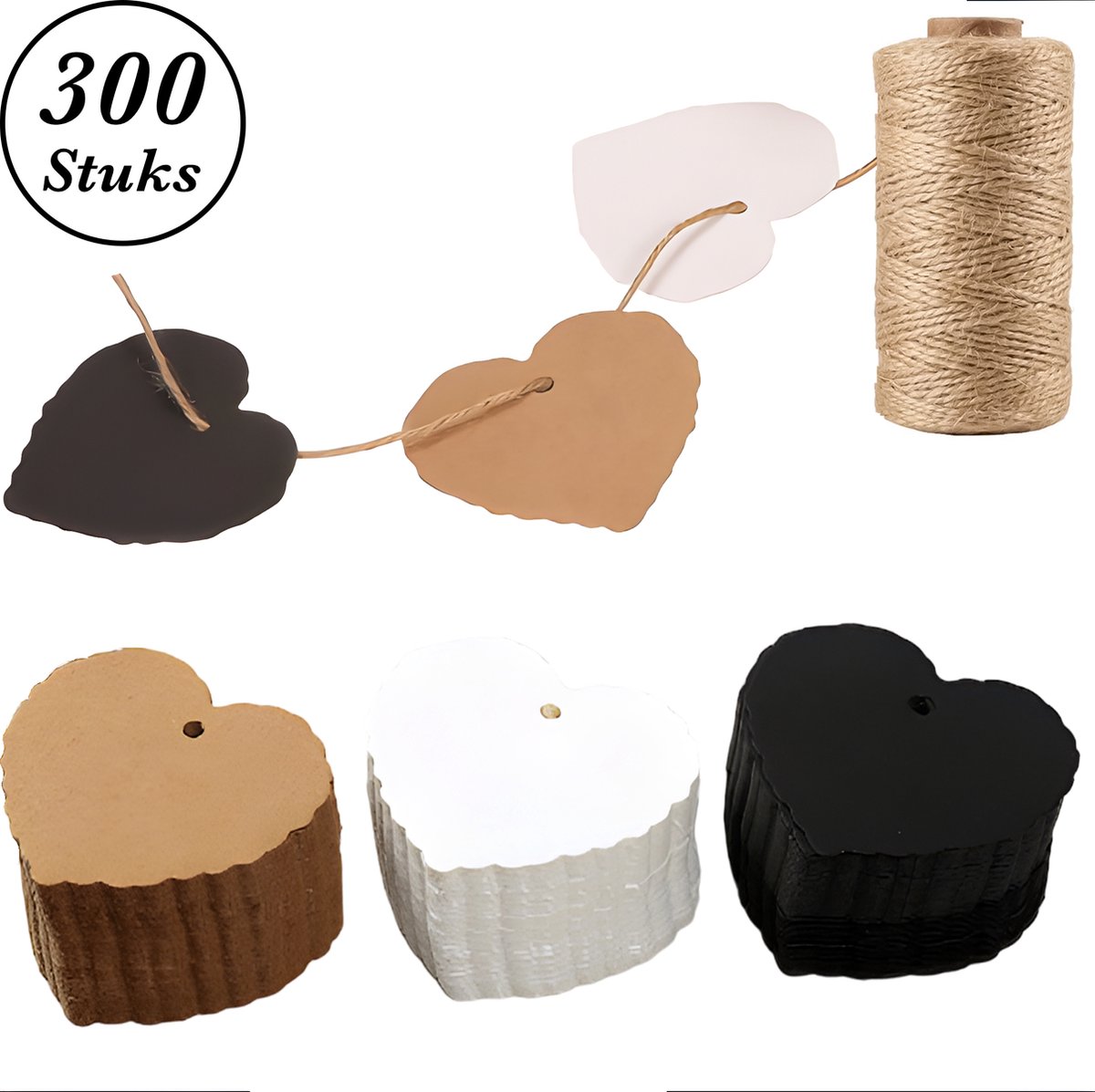 300x Stuks Kraft Karton Hartje Labels met 50m Jute Touw - Hart Kartonnen Cadeaulabels met Gaatje en Koord - Bruine, Zwarte & Witte Etiketten - Kraftpapier Naamkaartjes - Blanco PrijskaartjesPrijslabels met Koortje - 6 cm