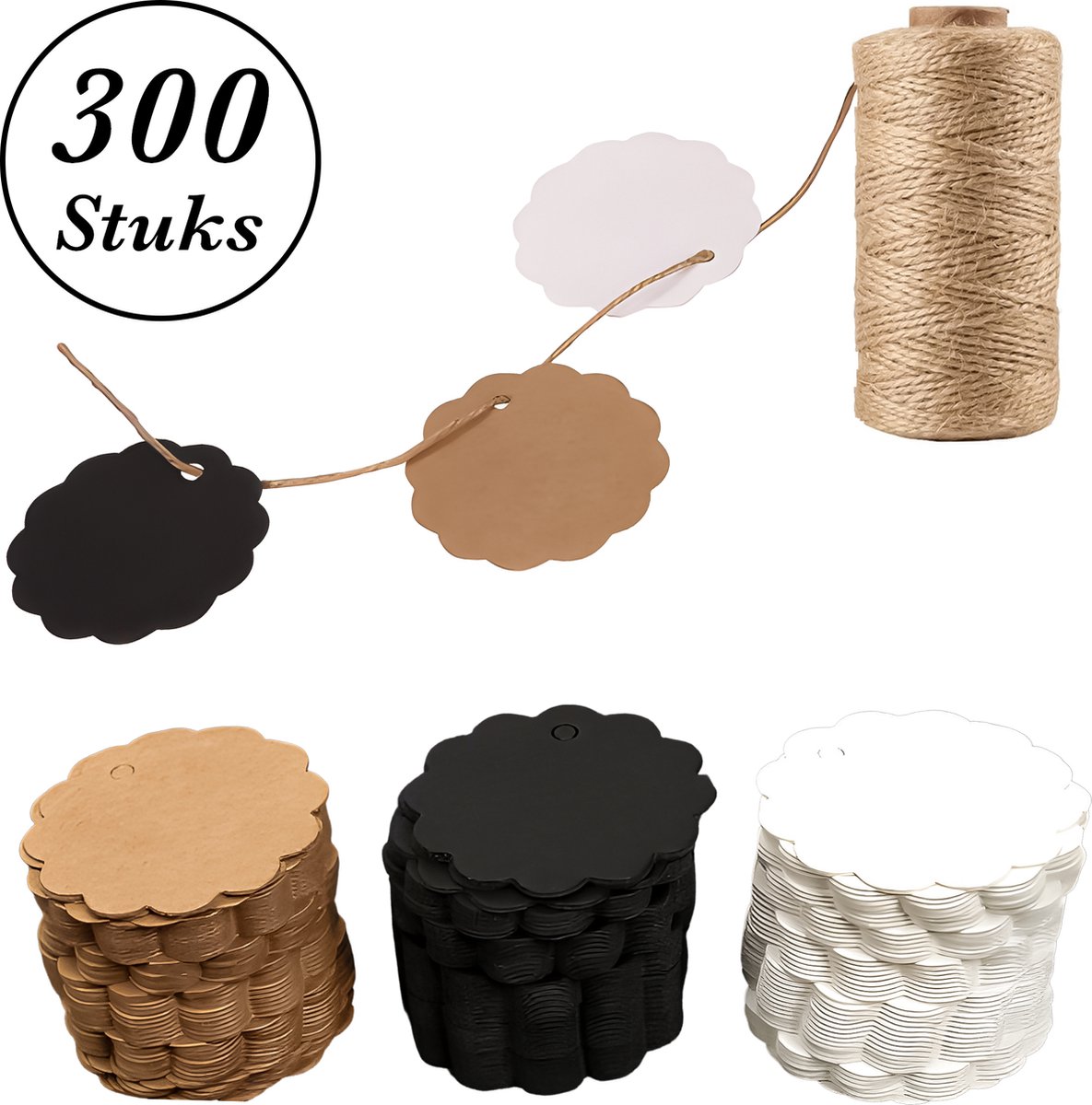 300x Stuks Kraft Karton Labels met 50m Jute Touw - Kartonnen Cadeaulabels met Gaatje en Koord - Bruine, Zwarte & Witte Etiketten - Kraftpapier Naamkaartjes - Blanco PrijskaartjesPrijslabels met Koortje - 6 cm