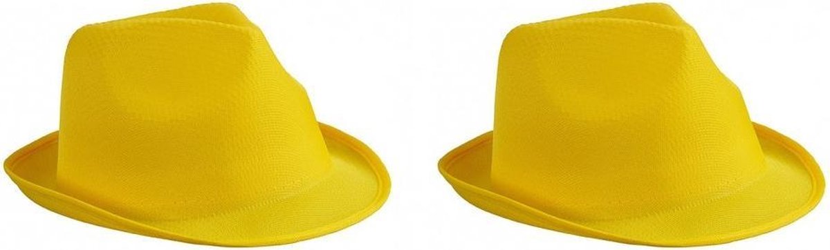 2x stuks trilby feesthoedje geel voor volwassenen - Carnaval party verkleed hoeden