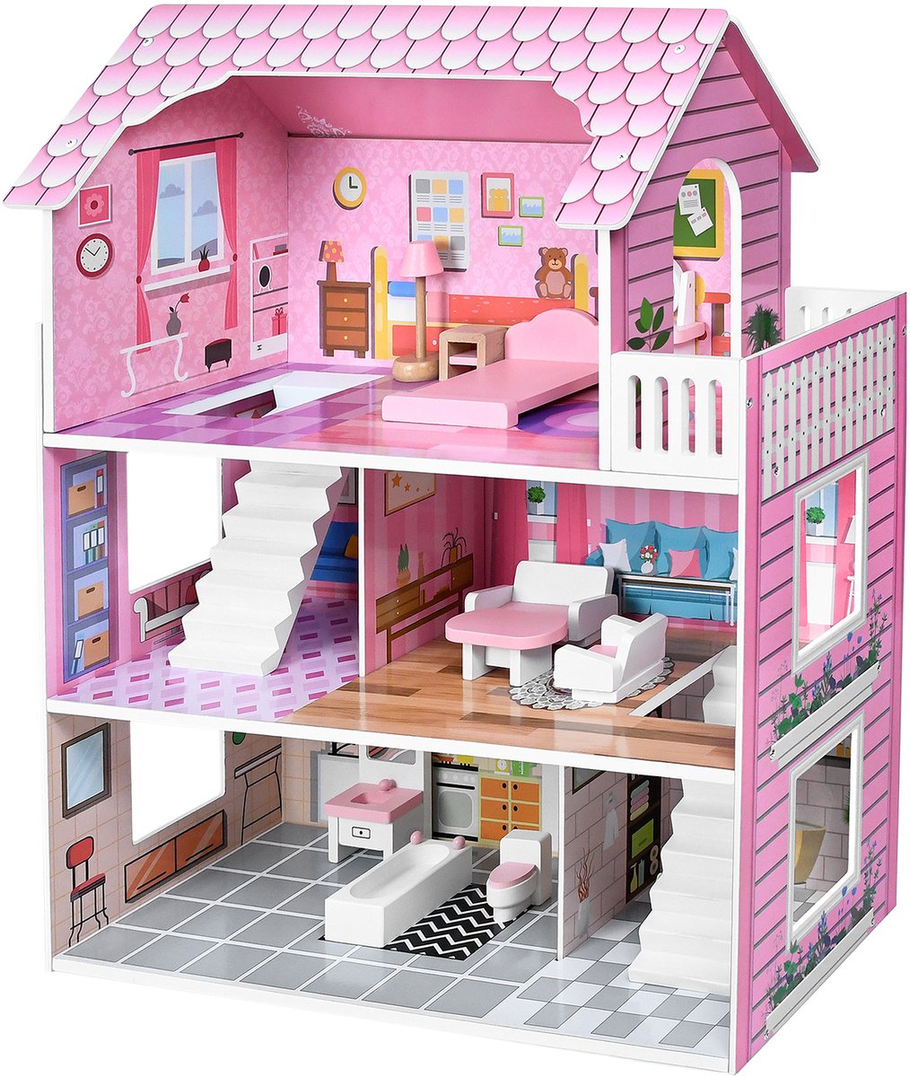   Kinderpoppenhuis Houten Huis 70x60x24cm   Set Roze 3 Verdiepingen Playmobil   met Meubels & Accessoires Poppenvilla DIY Mobiel Huis Droomvilla, voor Meisjes en Jongens (Type A)