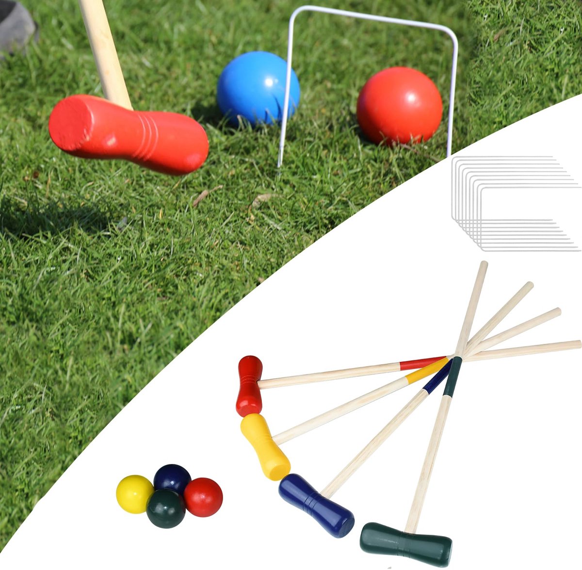   Krocket Spel Kinderen Cricket Set Hout Volwassenen Croquet voor 4 Spelers met Pinnen, Slagmatten, Poortjes en Ballen, Traditioneel Houten Speelgoed Tuinspel