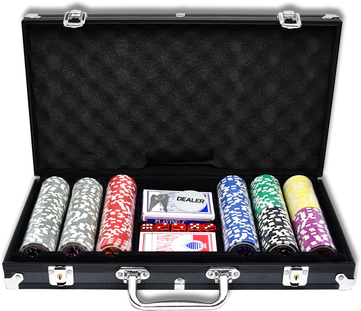   Pokerkoffer, pokerset met aluminium behuizing, 500 laserpokerchips, professionele pokerset incl. 2 x pokerdecks, 3 x dealerknop, 5 x dobbelstenen, 2 x sleutels (zwart)