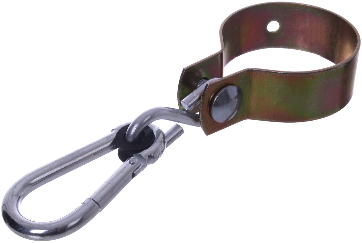   manchethaak Ø 100 mm met karabijnhaak 10 mm en klem Zwenkhaak   Haak Geel verzinkt Ronde klem Schommelbevestiging (Ø100)