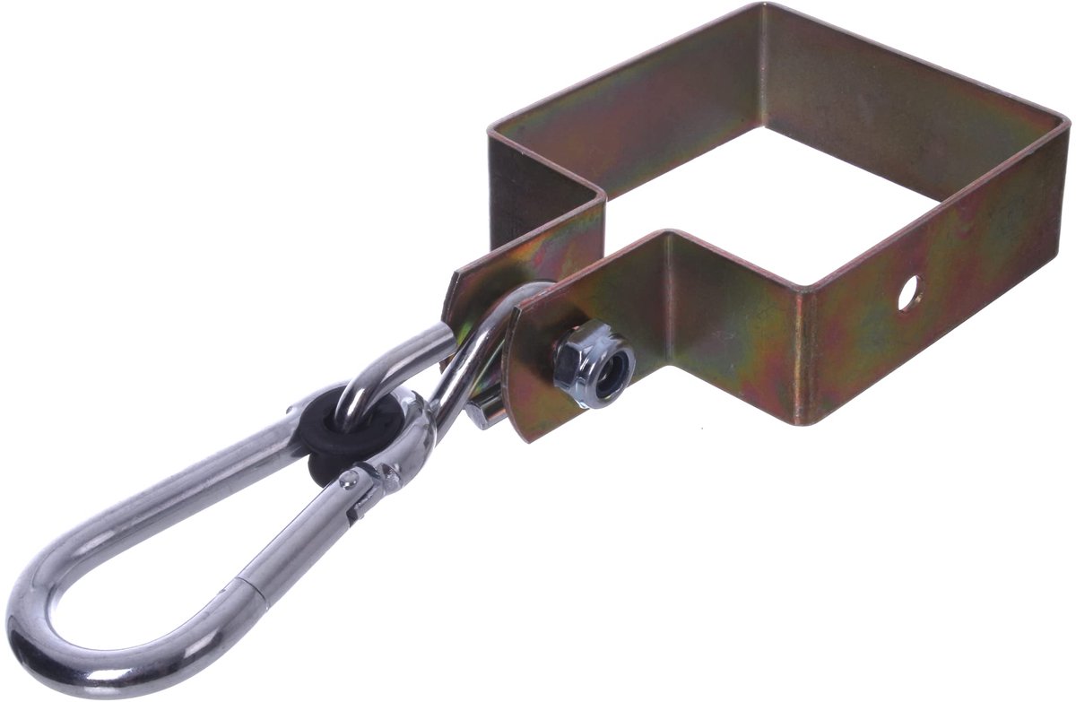   manchethaken 90 x 90 mm met karabijnhaak 10 mm en klem mm zwenkhaak schommelhaken haak geel verzinkt ronde klem schommelbevestiging (90x90 mm)