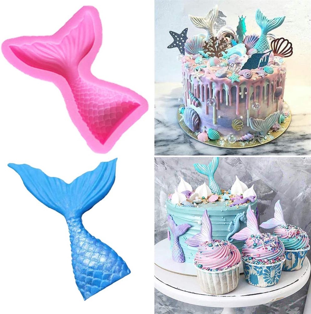 YSR - Zeemeermin Siliconen Fondant Vormen 3D Oceaan Dier Siliconen Bakvormen Zeemeermin En Zeeshell Fondant Siliconen Vorm Diy Siliconen Vormen Voor Fondant Bakken ​Chocolade Marsepein Cake Gelei Muffin(6 Stuks)