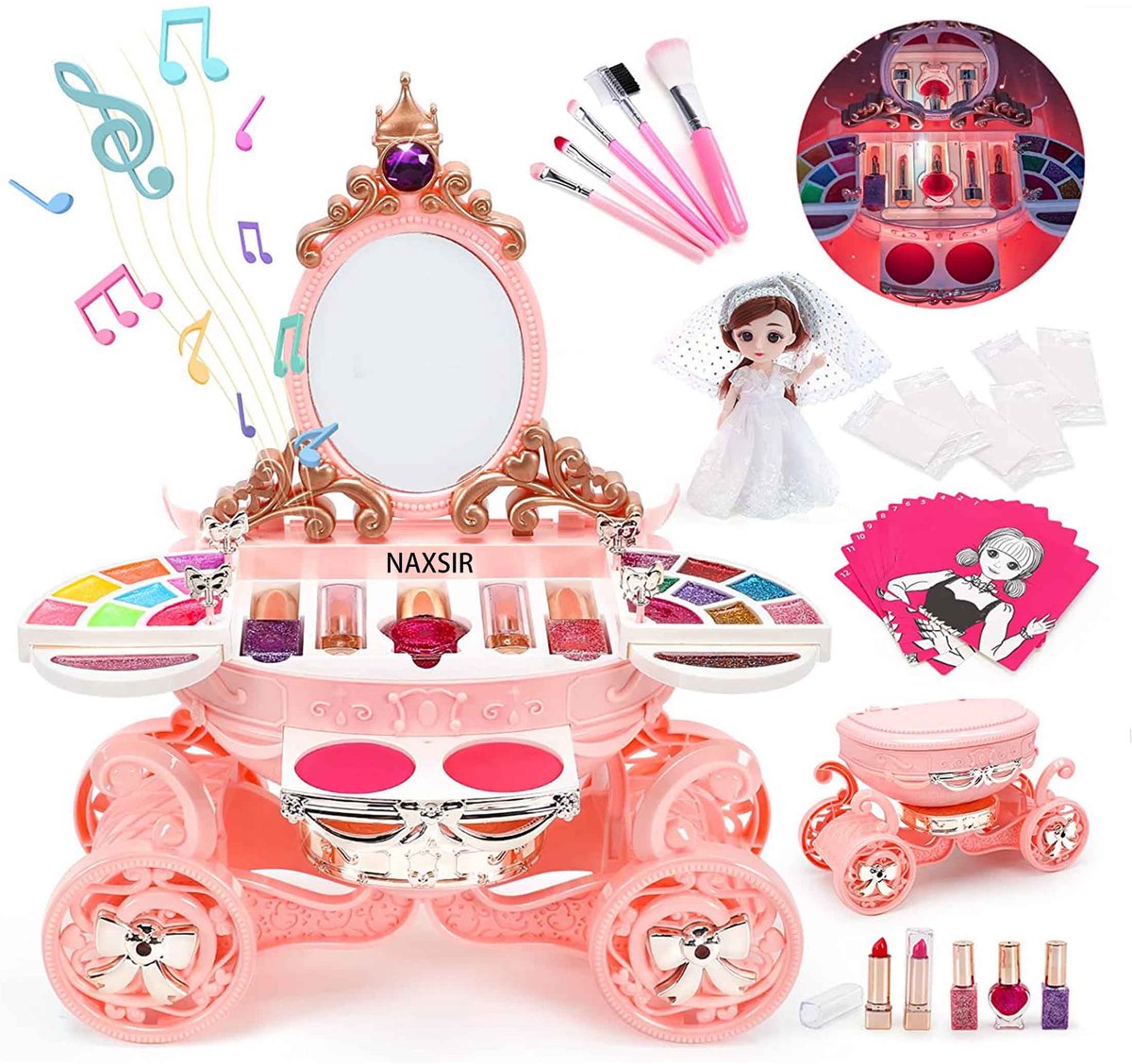 NAXSIR 55 - Delige Magische Kinder Cosmetica Set in Pompoenwagen - Styling! Veilige Speelgoed Cosmetica met Lippenstift, Prinses Nail Art & Meer - Perfect voor Klein Meisjes