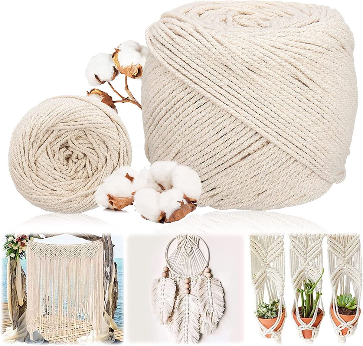 NAYA Macramé Touw - 3mm 180M 500g - 100% Katoen - Natuurlijke Katoenen Koord Grote Touwrol - voor Trussing DIY Ambachten Huisdecoratie, woonkamer Plantenhangers, Macrame koord Boheemsdecoratie - Beige