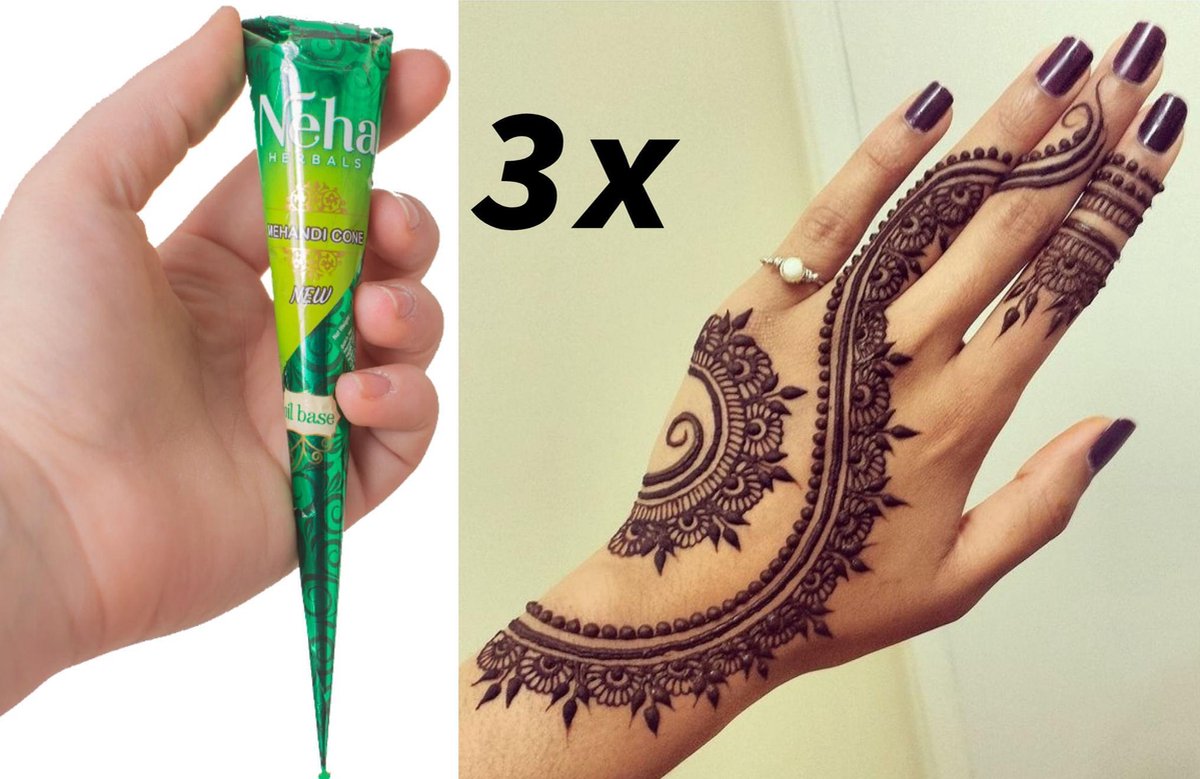 3 X Stuks Henna Tattoo - Tijdelijke Tatoeage - Festival Tattoe - Zomer feest tatoeages - Festival Tattoo - Neptattoo - Henna Tattoo inkt pasta 3 cones 3 tubes 25 Gram/tube - Natuurlijke Kruiden - Henna pasta - 25 gr/tube