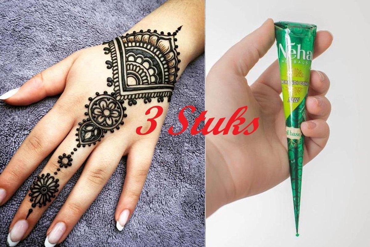 3 X Stuks Henna Tattoo - Tijdelijke Tatoeage - Festival Tattoe - Zomer feest tatoeages - Festival Tattoo - Neptattoo - Henna Tattoo inkt pasta 3 cones 3 tubes 25 Gram/tube - Natuurlijke Kruiden - Henna pasta - 25 gr/tube