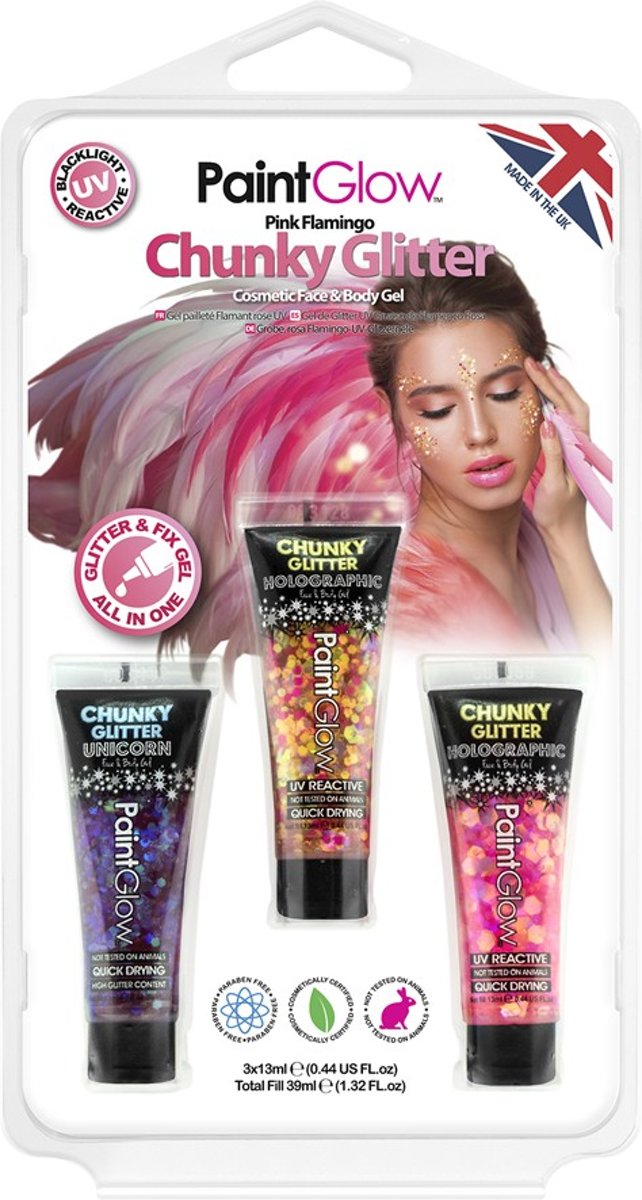 Chunky glitter face & body gel UV Pink Flamingo