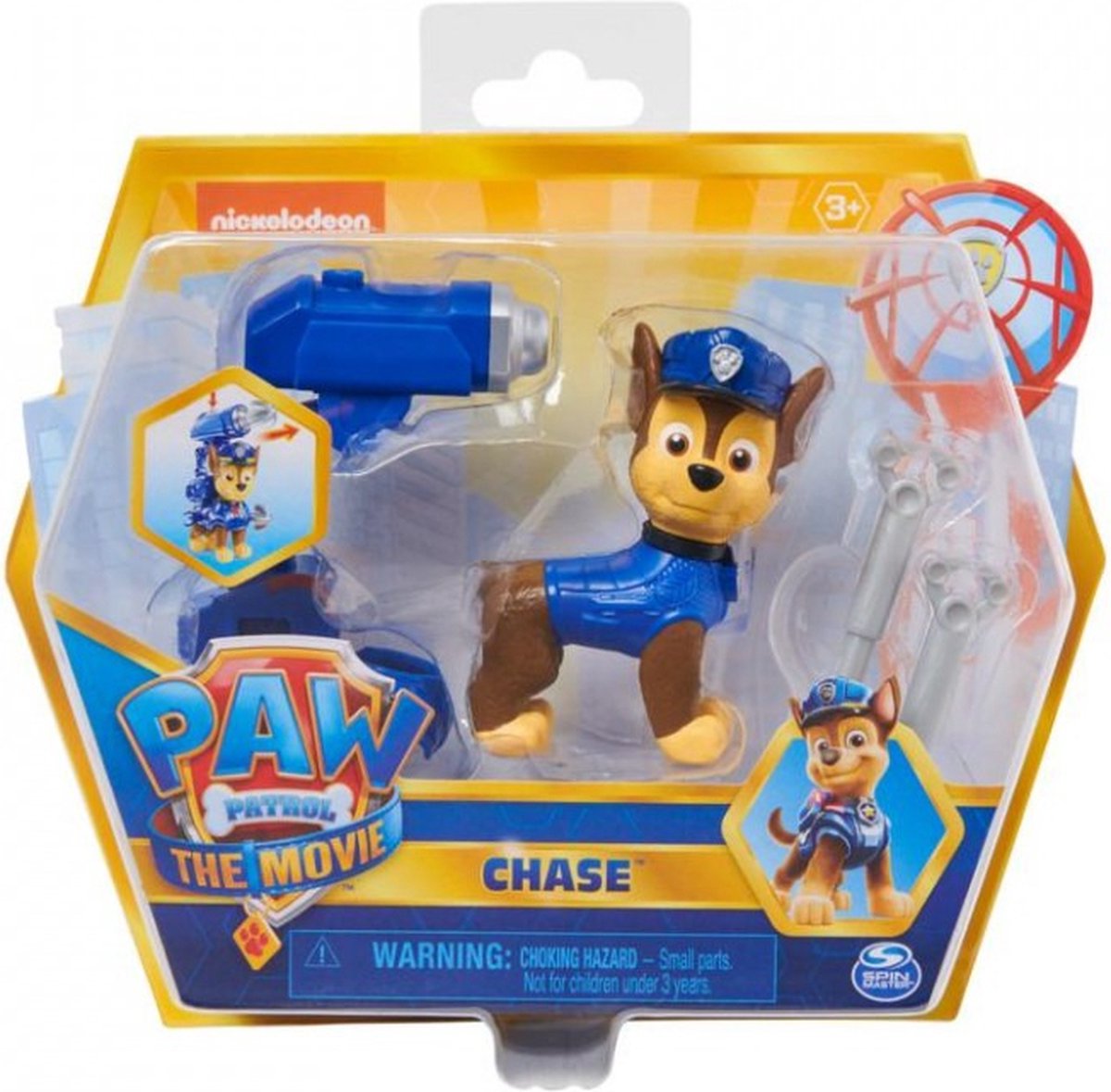 Paw Patrol The Movie Chase Actiefiguurtje met rugzakclip en 2 projectielen.