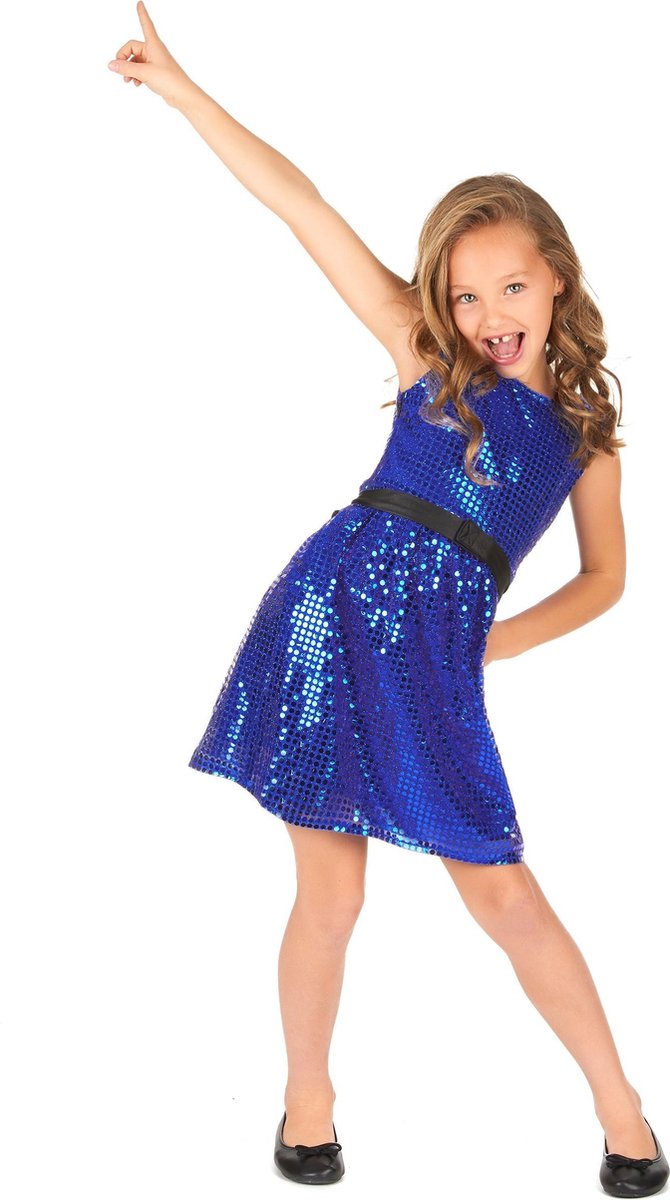 NINGBO PARTY SUPPLIES - Blauwe glitter disco jurk voor meiden - 104/110 (4-5 jaar) - Kinderkostuums