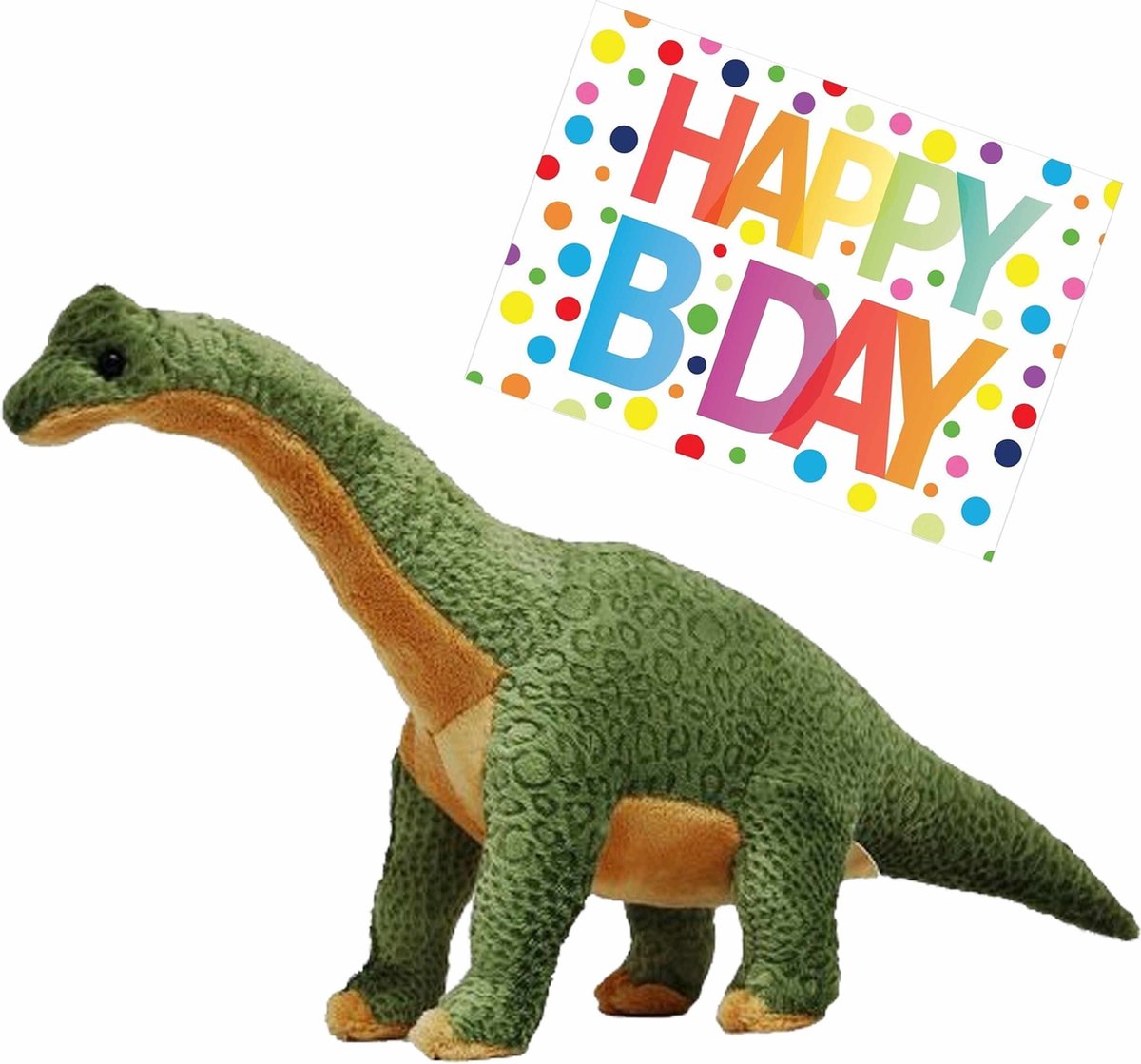 Pluche knuffel Dino Brachiosaurus 43 cm met grote A5-size Happy Birthday wenskaart - Verjaardag cadeau setje - Een knuffel sturen