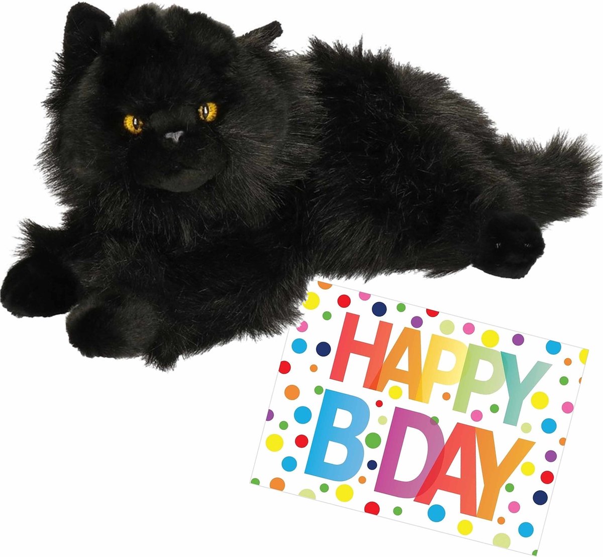 Pluche knuffel kat/poes zwart van 30 cm met A5-size Happy Birthday wenskaart - Verjaardag cadeau setje