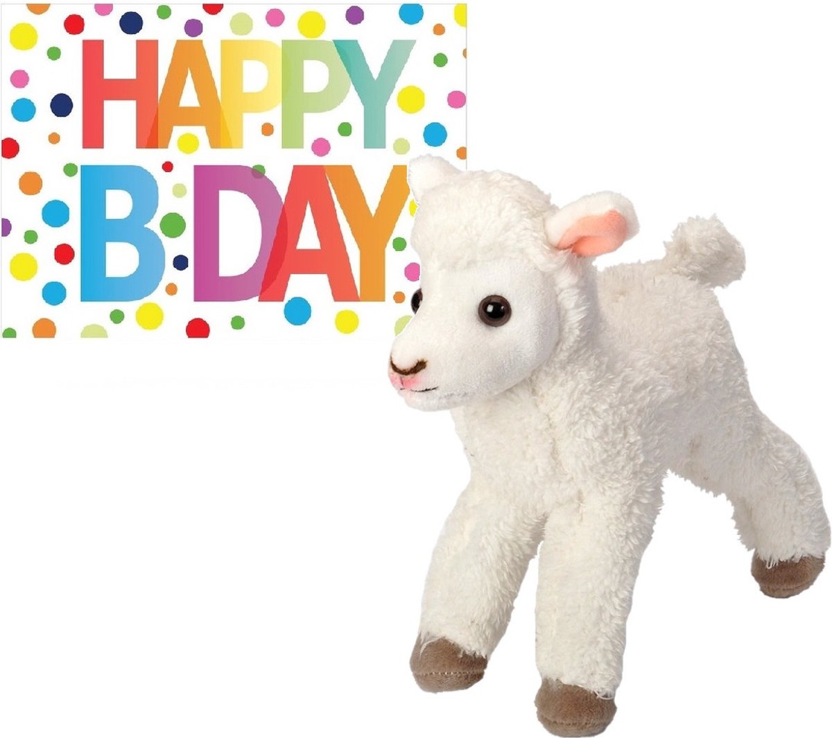 Pluche knuffel lammetje/schaap 20 cm met A5-size Happy Birthday wenskaart - Verjaardag cadeau setje - Een knuffel sturen