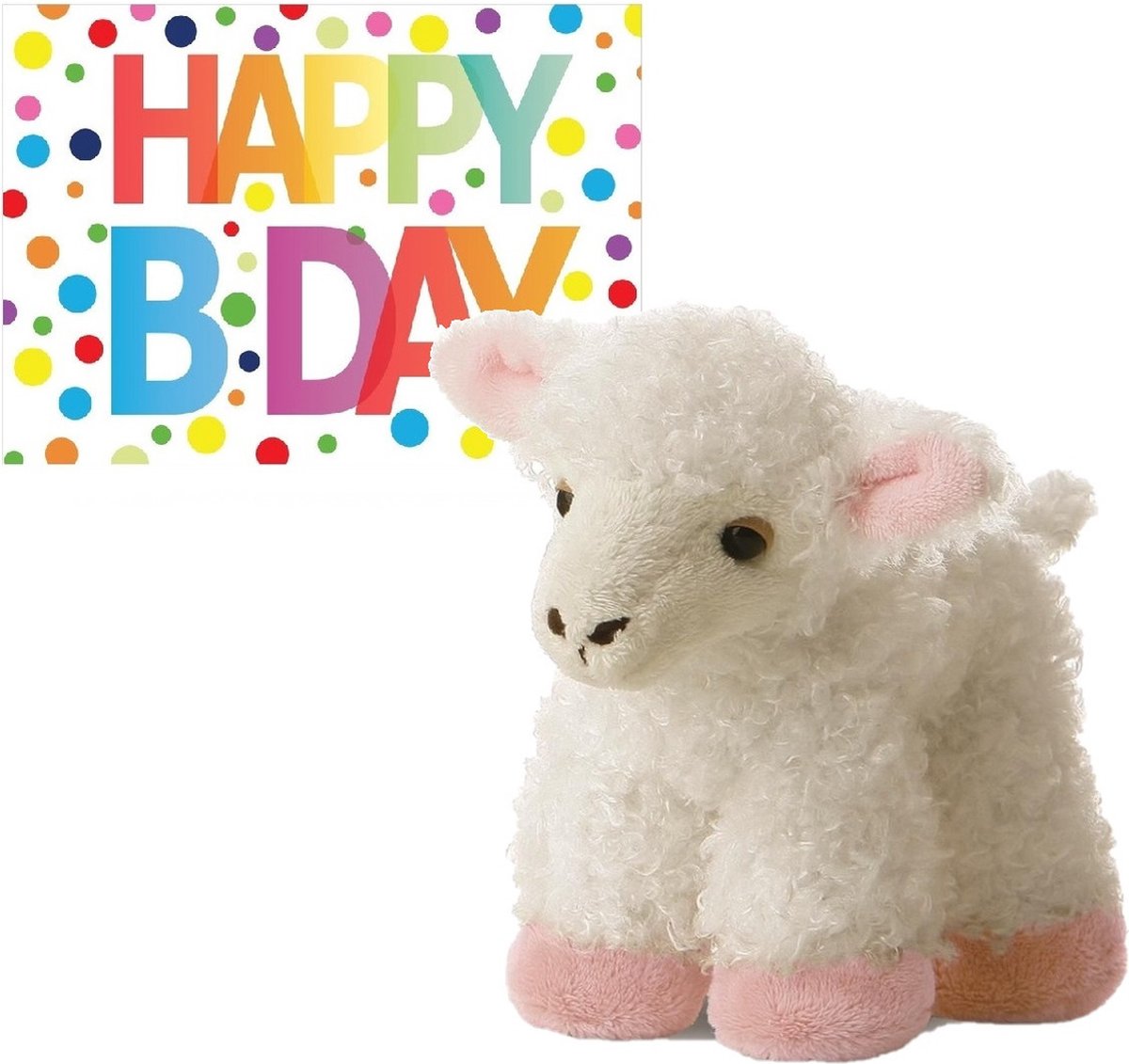 Pluche knuffel lammetje/schaap 20 cm met A5-size Happy Birthday wenskaart - Verjaardag cadeau setje - Een knuffel sturen