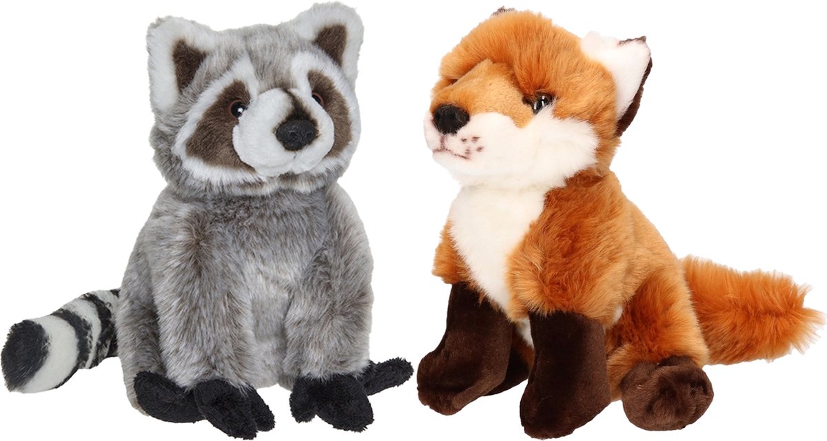 Nature Planet - Pluche bos knuffels - set 2x - Wasbeer en Vos - 18 cm