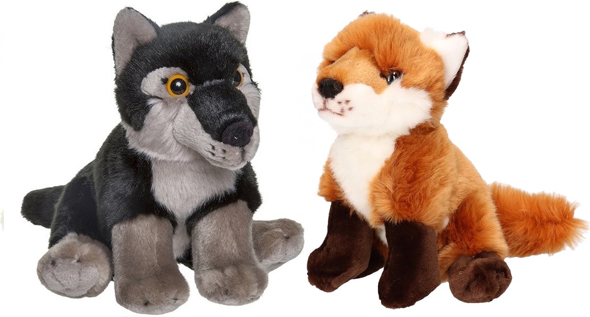 Nature Planet - Pluche bos knuffels - set 2x - Wolf en Vos - 18 cm