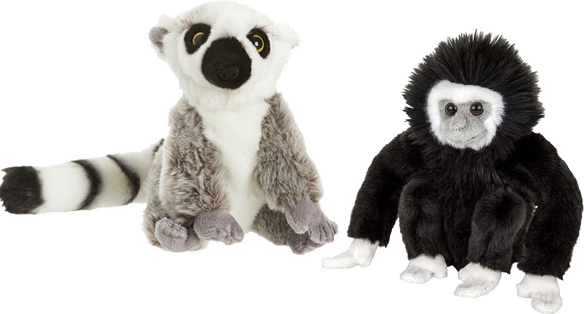 Nature Planet Apen knuffels - set 2x - Ringstaart Maki/Gibbon Aap 18cm