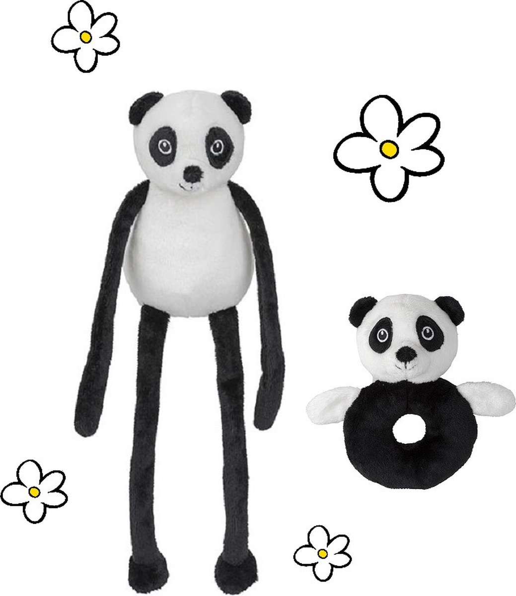 Nature Planet setje Panda softie knuffel + rammelaar (100 % Oeko-tex gecertificeerd)