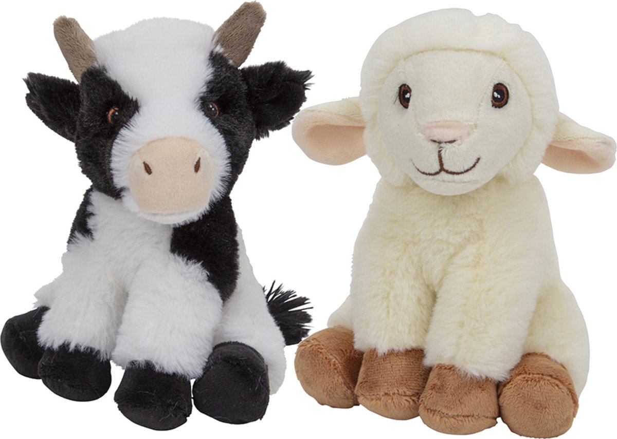 Pluche boerderijdieren knuffels Koe en Schaap setje van 19 cm en 17 cm