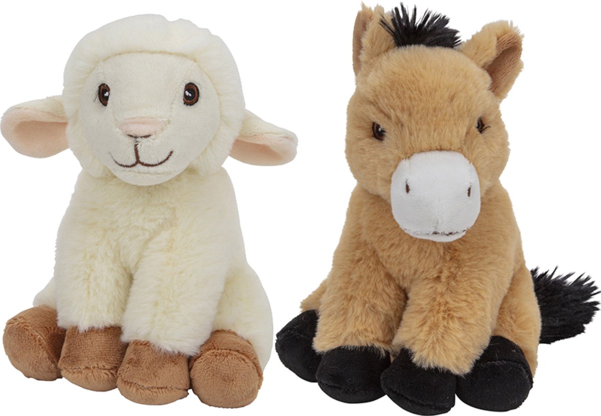 Pluche boerderijdieren knuffels Schaap en Paard setje van 17.5 cm en 17 cm