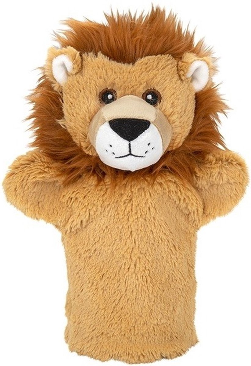 Pluche bruine leeuw handpop knuffel 24 cm - Leeuwen wilde dieren knuffels - Poppentheater speelgoed kinderen