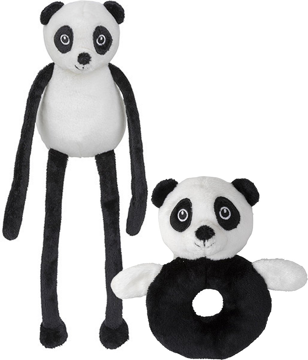 Pluche dieren setje panda beren knuffel rammelaar van 15 cm en fluffy dier 33 cm