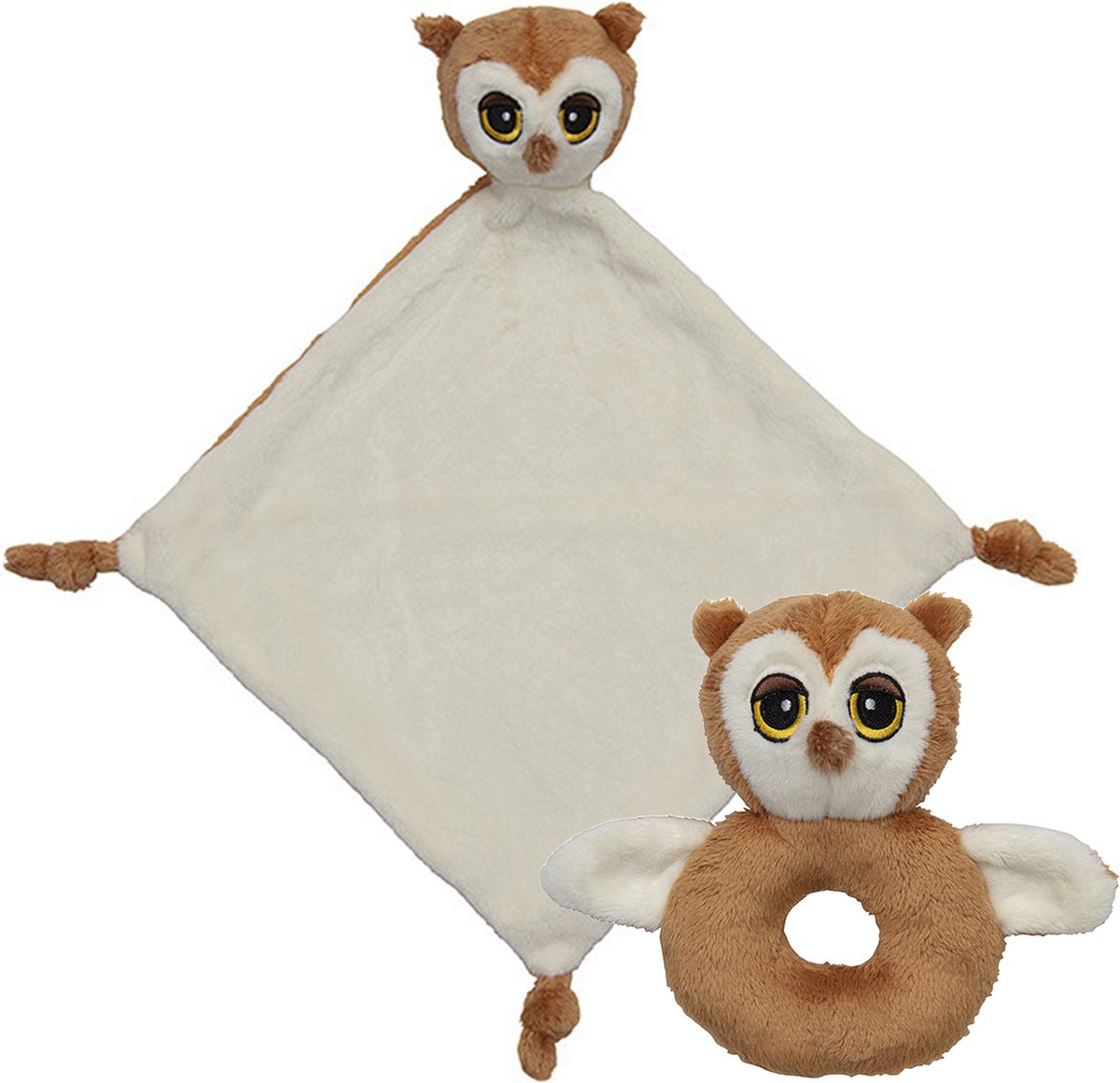 Pluche dieren setje uilen knuffels rammelaar van 15 cm en tutteldoekje 40 cm