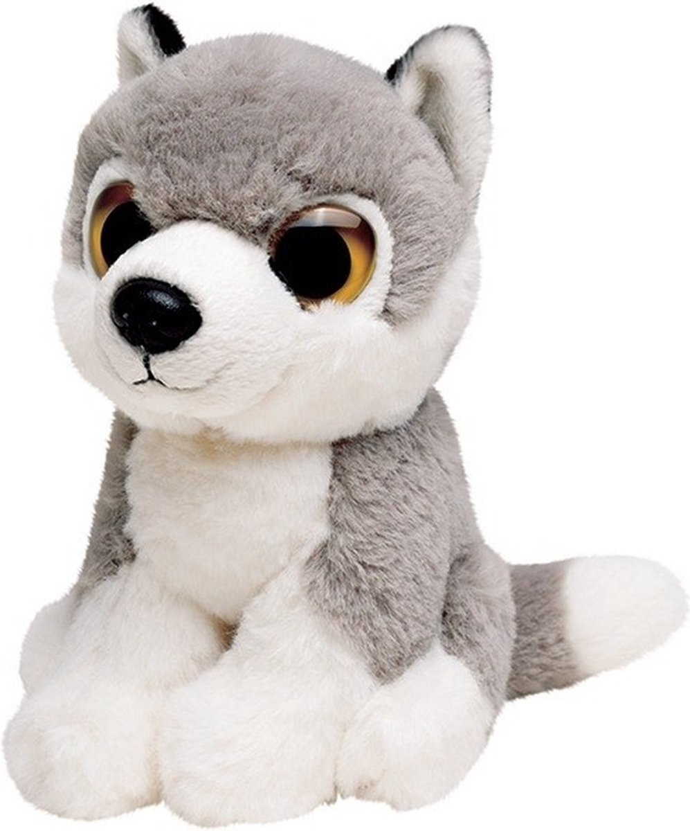 Pluche grijze wolf knuffel 13 cm - Wolven wilde dieren knuffels - Speelgoed voor kinderen