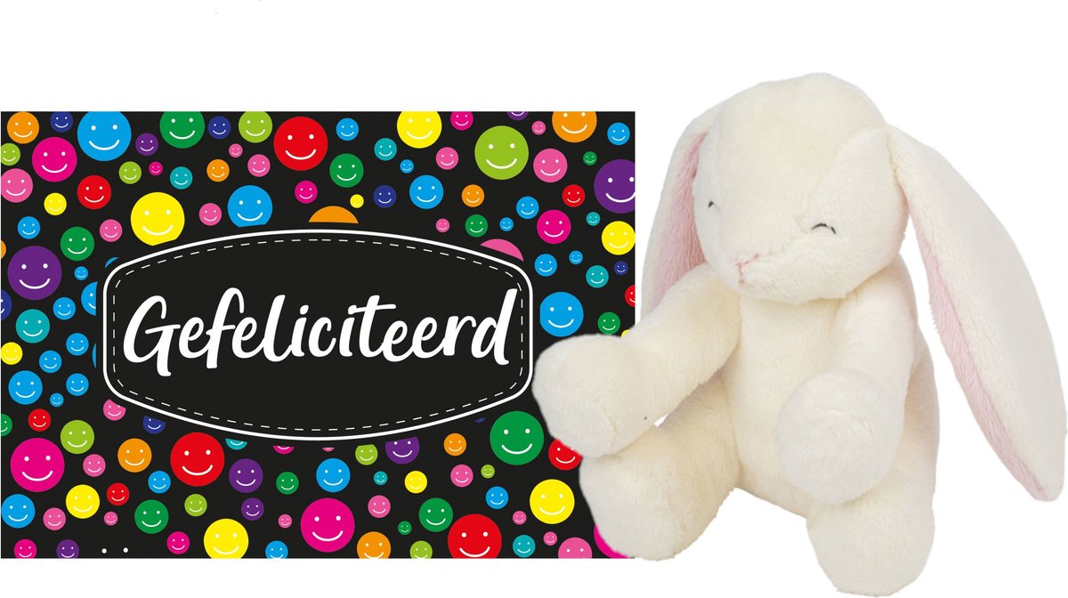 Pluche knuffel cadeau Konijn 20 cm met A5-size Gefeliciteerd wenskaart - Verjaardag cadeau opsturen - Jongen/meisje